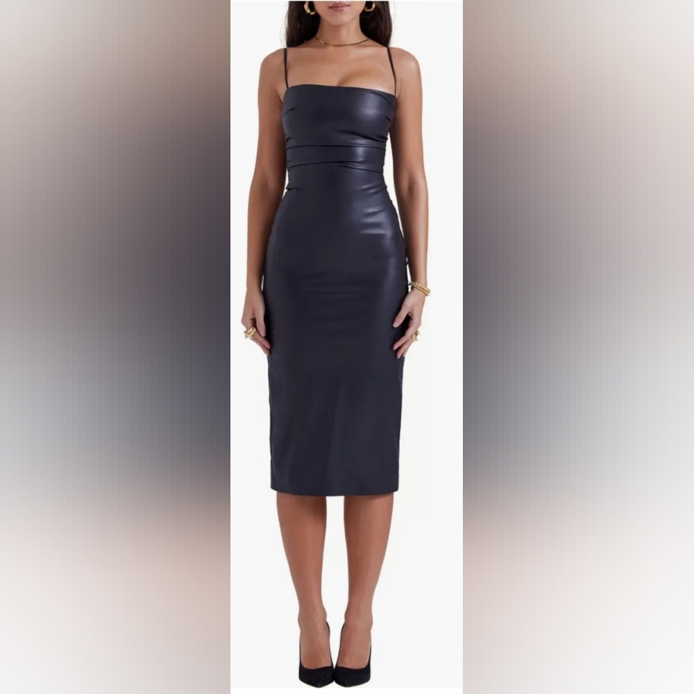 House of CB Jalena Lace-Up Back Faux Leather Cocktail Midi Dress NWT sz S Black